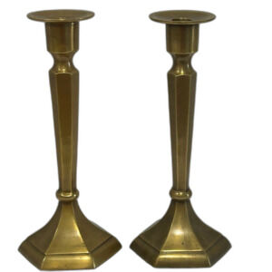 Vintage Brass Candlesticks Holder Featuring Six Sided Hexagonal Base Design